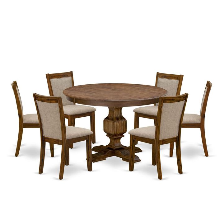 East West Furniture 7-Pc Dining Table Set - Modern Pedestal Dining Table and 6 Light Tan Color Parson Dining Chairs with High Back - Antique Walnut Finish