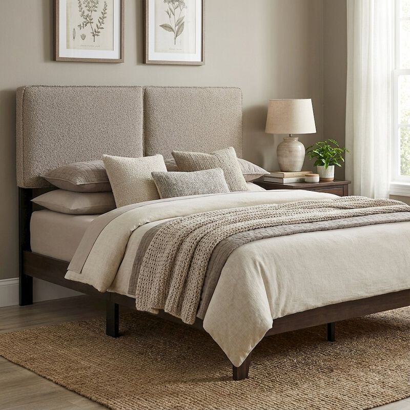Boucle Fabric King Headboard in Soft Neutral, Padded Upholstery, Durable Frame image number 3