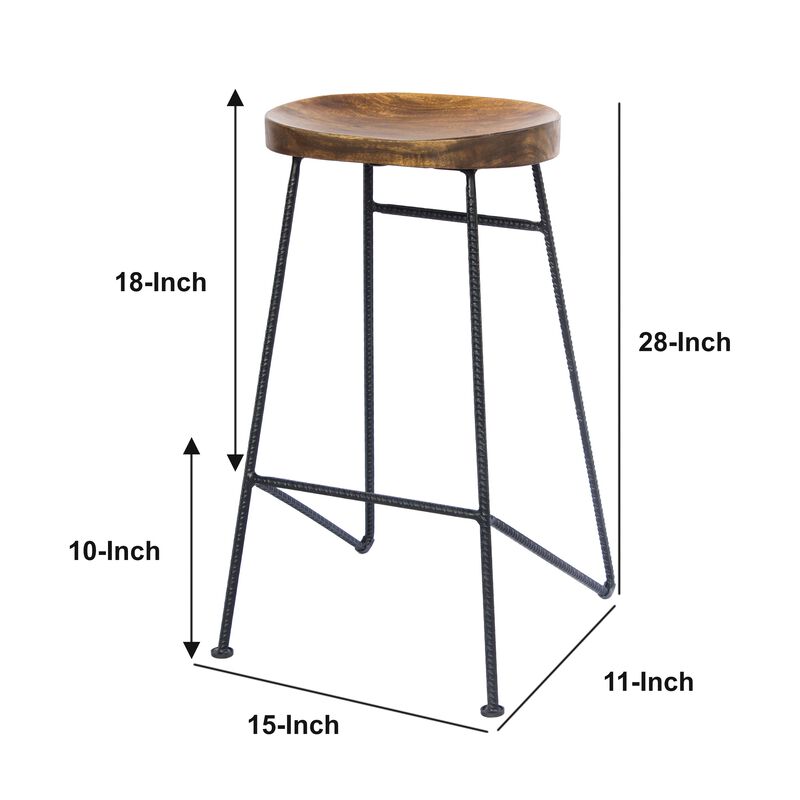 Jael 28 Inch Bar Stool with Mango Wood Saddle Seat, Iron Rod Legs, Brown and Black