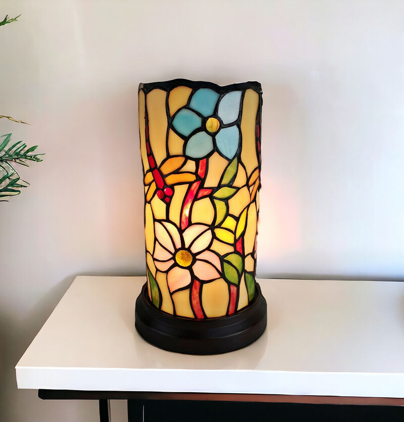 Hivvago 10" Red and Beige Dragonfly Stained Glass Accent Lamp