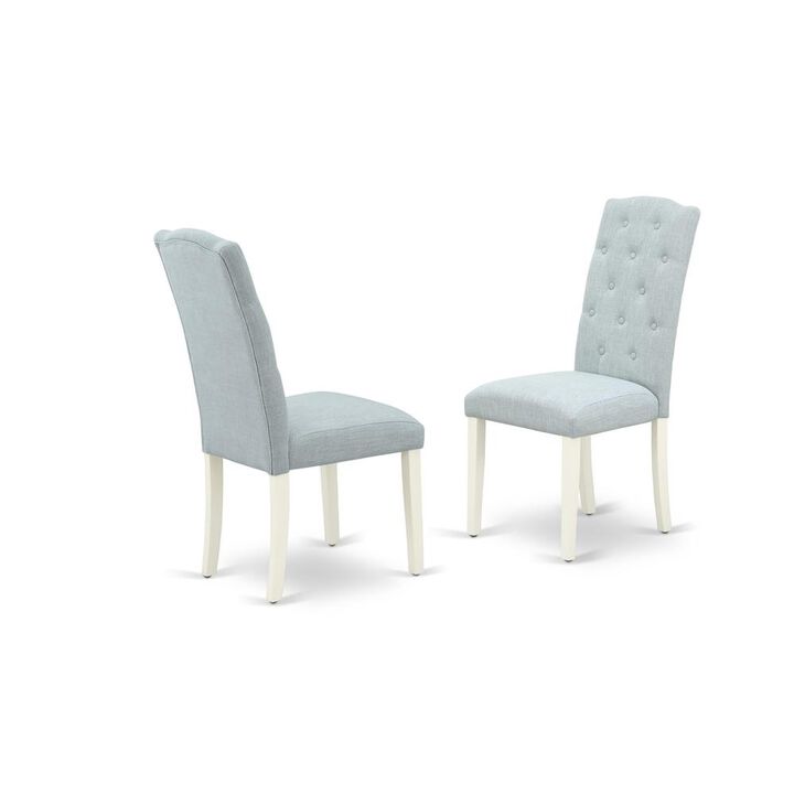East West Furniture 6-Pc Dining Room Set- 4 Padded Parson Chairs with Baby Blue Linen Fabric Seat and Button Tufted Chair Back - Rectangular Top & Wooden Legs Dining Room Table and Kitchen Bench - Lin