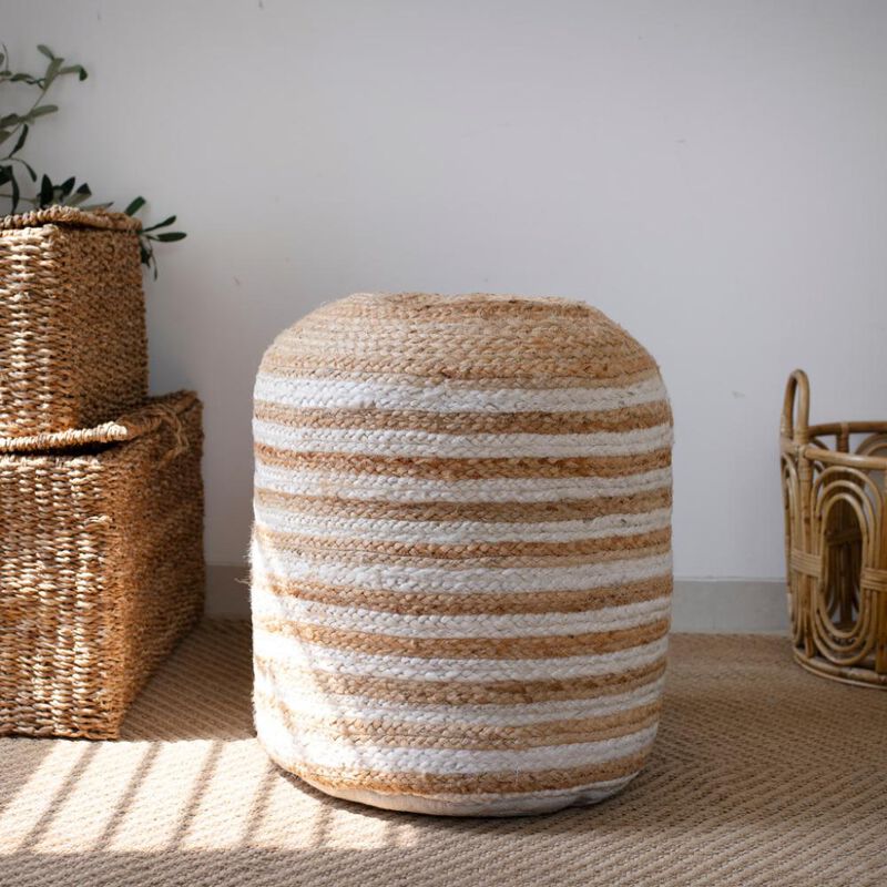 Hivvago 18 Inch Natural And White Jute Blend Cylinder Striped Pouf Ottoman