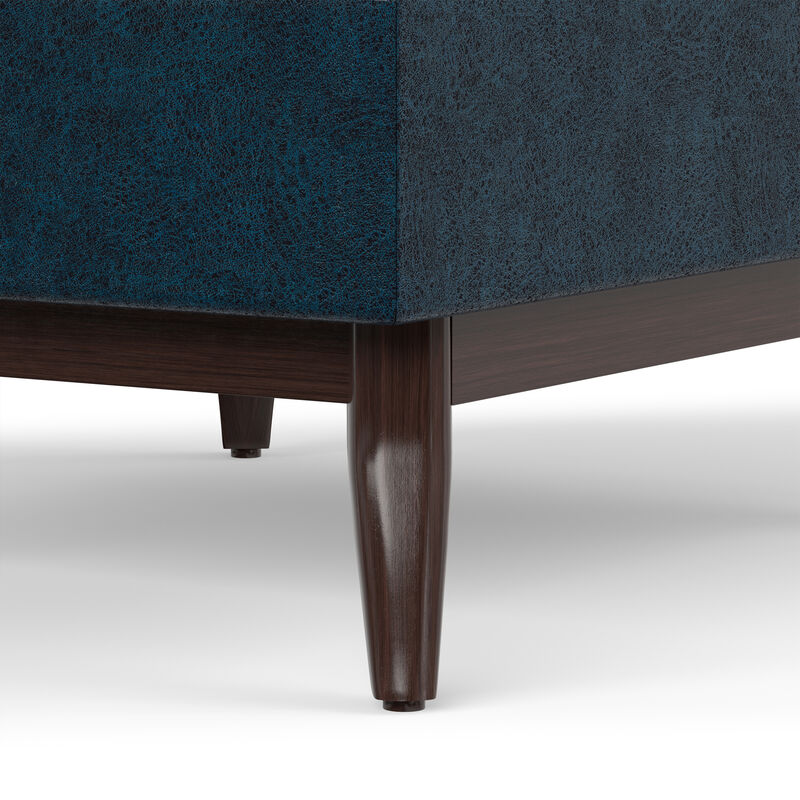 Owen 34 inch Wide Mid Century Modern Rectangle Coffee Table Storage Ottoman in Distressed Dark Blue Vegan Faux Leather, Assembled image number 6