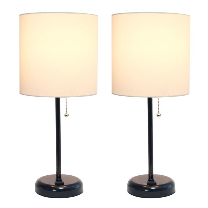 LimeLights Black Stick Lamp with Charging Outlet and Fabric Shade - 2 Pack Set