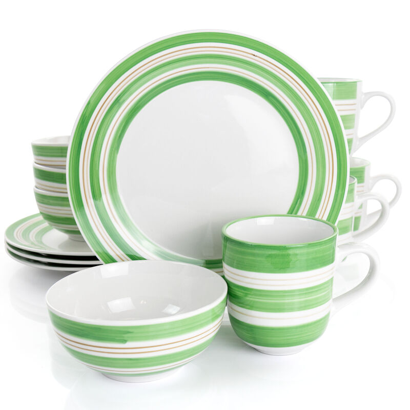 Gibson Home Sunset Stripes 12 Piece Round Fine Ceramic Dinnerware Set in Green