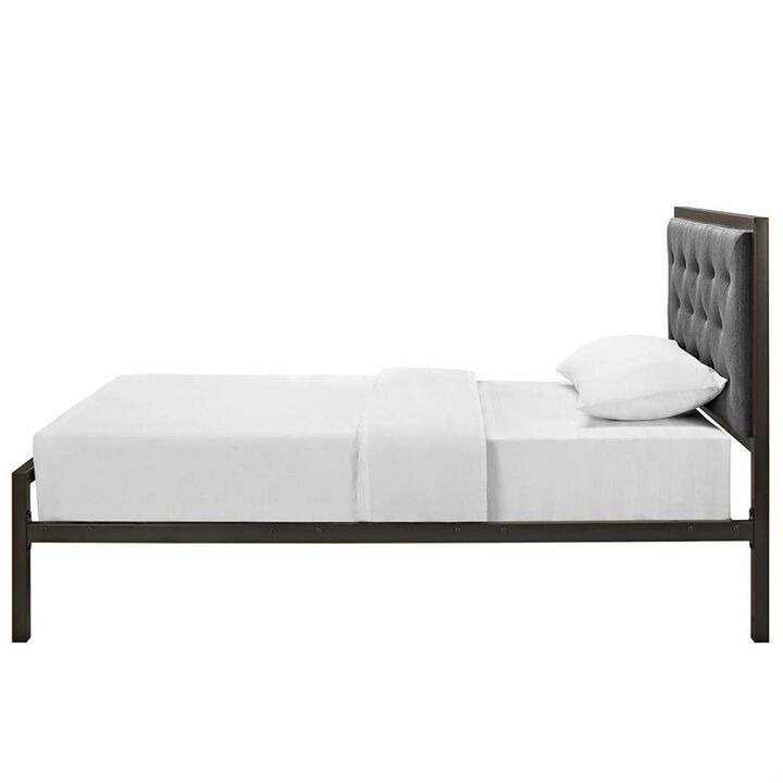 Hivvago Twin Metal Platform Bed with Gray Fabric Button Tufted Upholstered Headboard