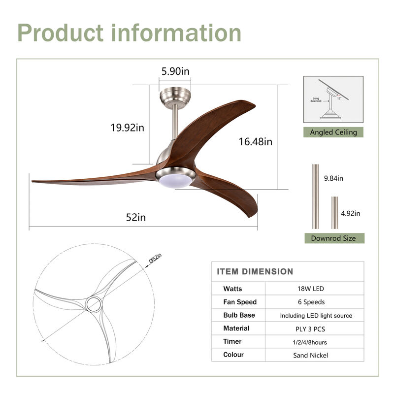 ELEMENT ACE 52-Inch Solid Wood Blade Ceiling Fan with Light Kit and Remote Control for Indoor Outdoor Use image number 2