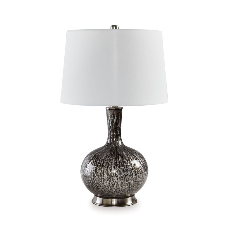 26 Inch Table Lamp, Tall Black Round Glass Base, White Drum Fabric Shade - Benzara