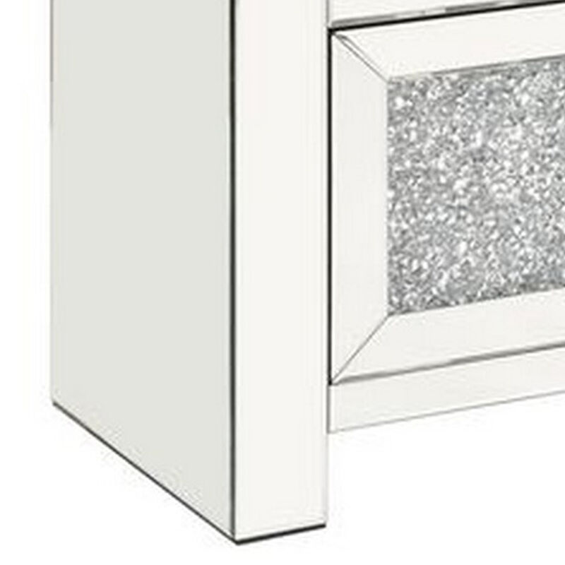 Mirrored Bench with Faux Diamonds and 2 Cabinets, Silver-Benzara image number 4