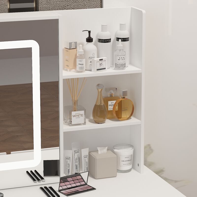 5-Drawers White Makeup Vanity Sets Dressing Table Sets with LED Dimmable Mirror, Stool and 3-Tier Storage Shelves