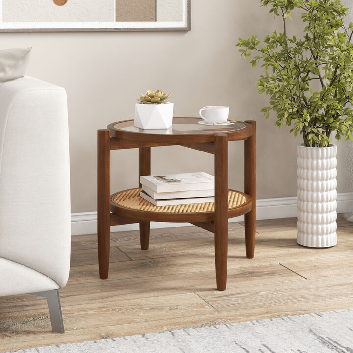 Round Rattan End Table with Glass Tabletop, Stylish Accent Side Table for Home Decor