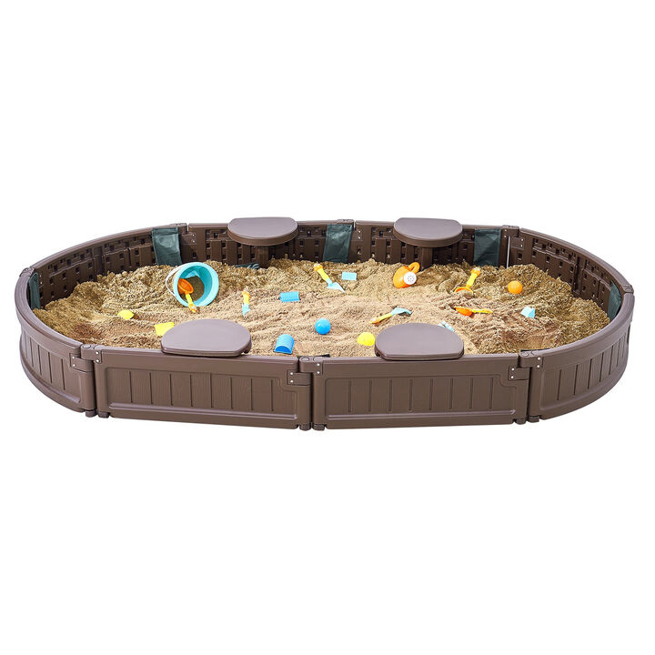 Kids Sandbox with Cover, Oval Sand Pit with 4 Corner Seats for Outdoor Play