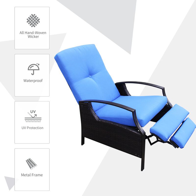Blue Wicker Comfort: Adjustable Rattan Recliner for Patio & Poolside