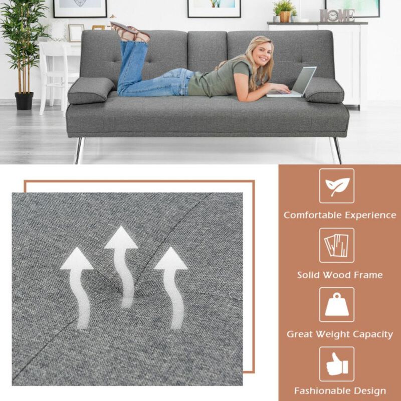 Hivvago Convertible Folding Futon Sofa Bed Fabric with 2 Cup Holders