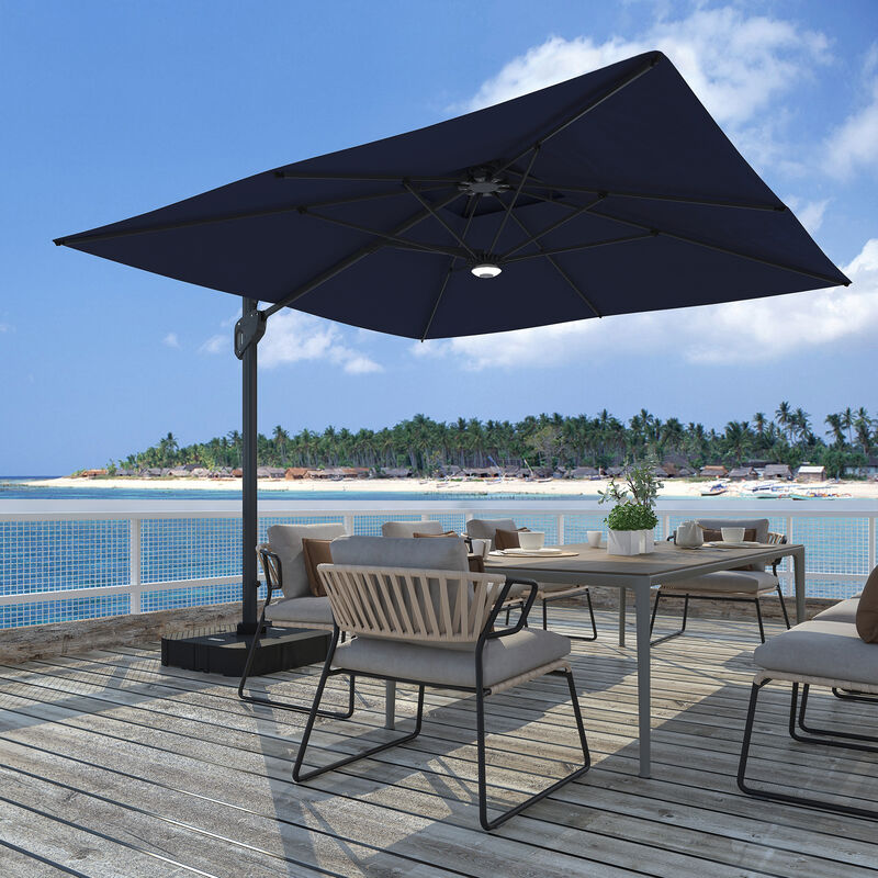 MONDAWE 10ft Square Solar LED Offset Cantilever Outdoor Patio Umbrella with Bluetooth Speaker and Included Base
