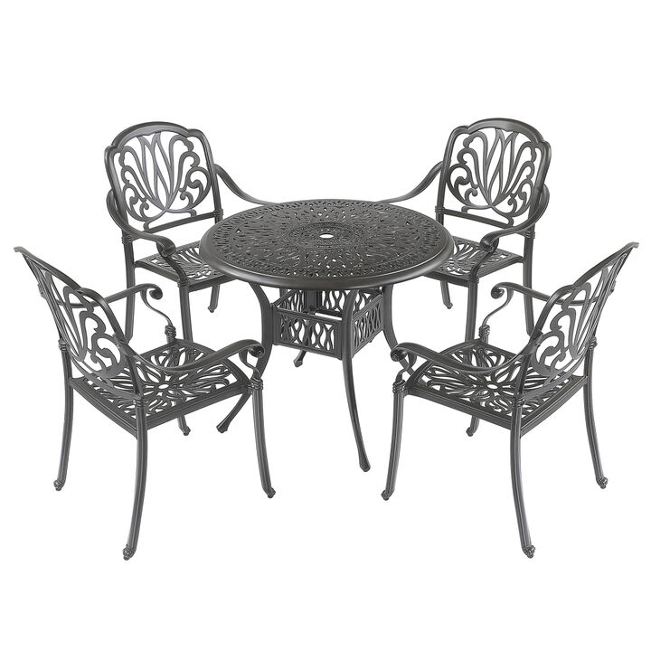 5PCS Outdoor Furniture Dining Table Set All-Weather Cast Aluminum Patio Furniture Includes 1 Round Table and 4 Chairs with Umbrella Hole for Patio Garden Deck, Lattice Weave Design, BLACK COLOR