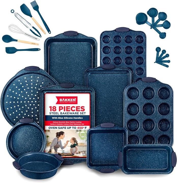 BAKKEN Kitchen Baking Pan Set - Nonstick Coating, Carbon Steel Bakeware Sets with Handles, Baking Kitchen Essentials, PFOA, PFOS, PTFE Free, Oven Safe Tray (Up To 450&deg; F), Set of 18