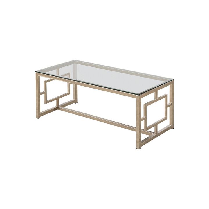 Tempered Glass Top Coffee Table with Lattice Cut Outs, Silver and Clear-Benzara