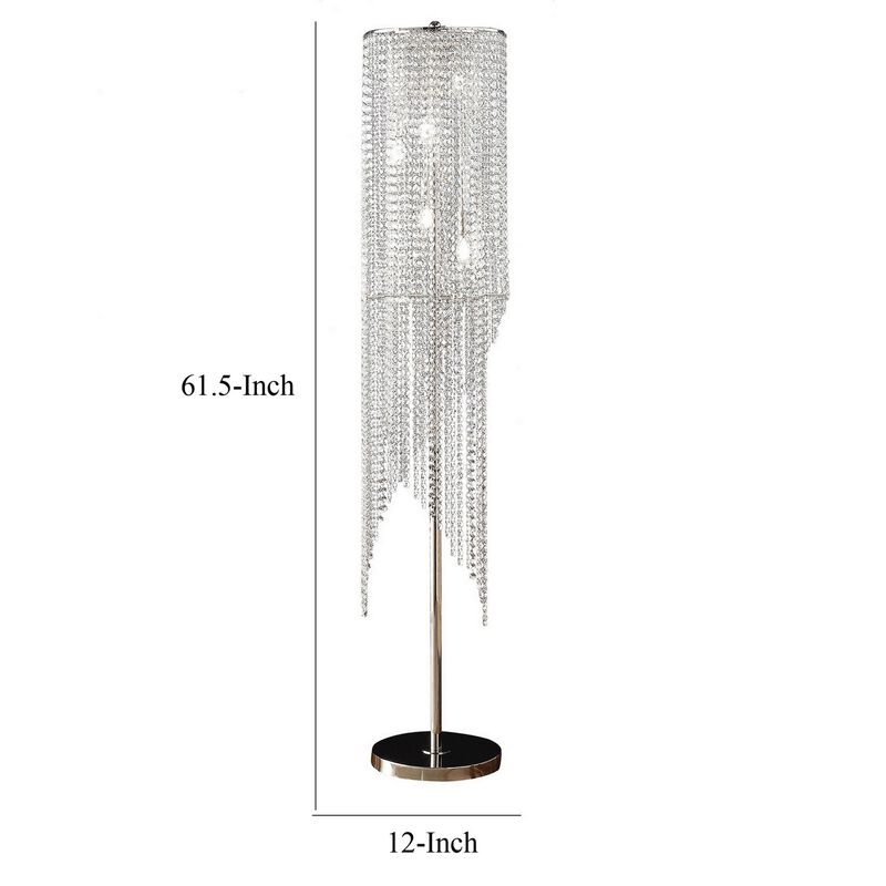 Mindy 62 Inch Floor Lamp, Crystal Raindrops Design, Metal, Clear Finish - Benzara image number 4