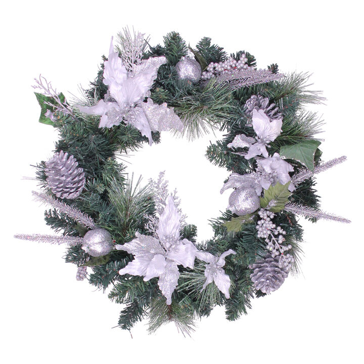 White Poinsettia and Pine Cone Artificial Christmas Wreath  24-Inch  Unlit