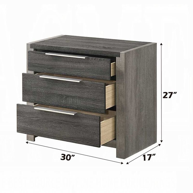 Joho Nightstand, 30 Inch, 5 Storage Drawers w Metal Handles, Gray Wood