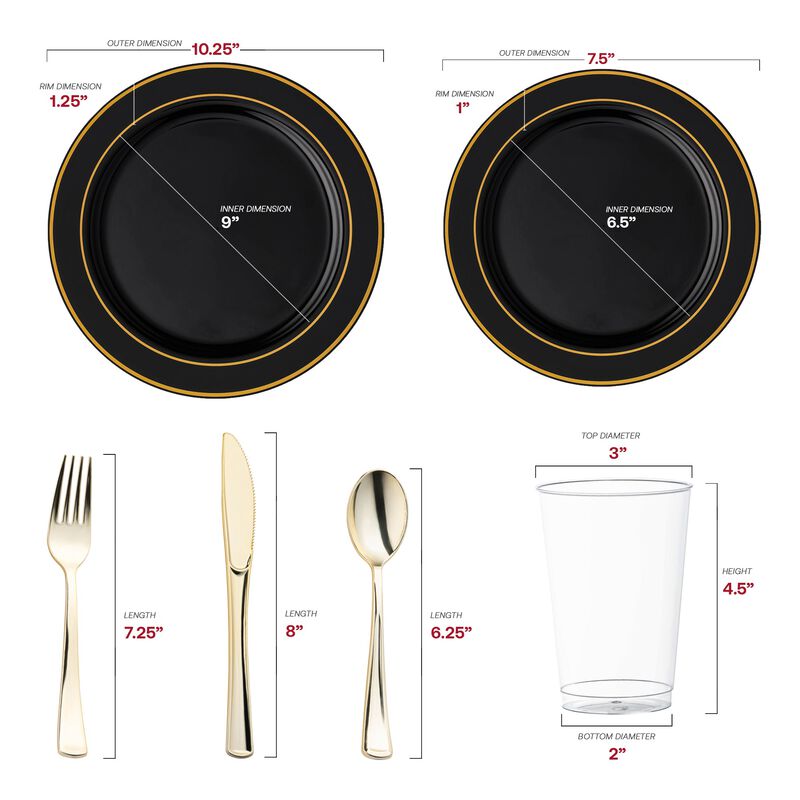 Black with Gold Edge Rim Plastic Wedding Value Set (30 Sets) image number 2