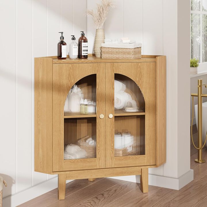 Floor Corner Cabinet, Fluted Storage Cabinet with Sliding Doors and Adjustable Shelves, Modern Wooden Freestanding Storage Organizer