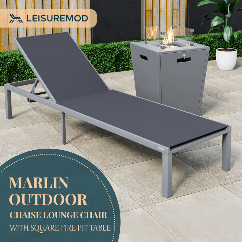LeisureMod Marlin Modern Black Aluminum Outdoor Patio Chaise Lounge Chair in Grey Frame with Square Fire Pit Side Table