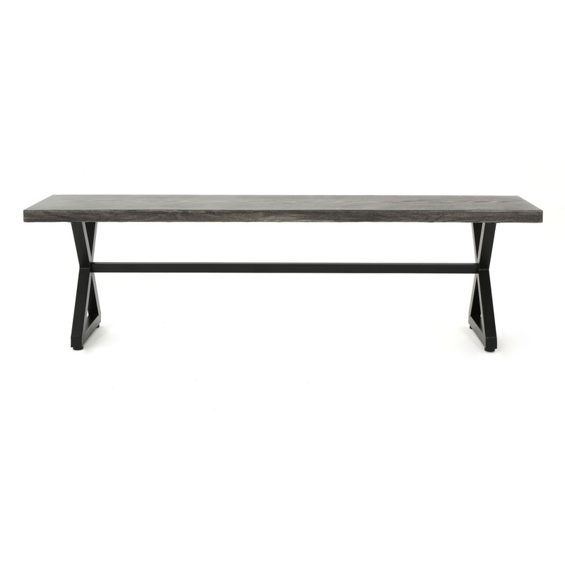 Romita Outdoor Dining Bench, X Shape Legs, Gray Metal, Black Steel, 63 Inch - Benzara