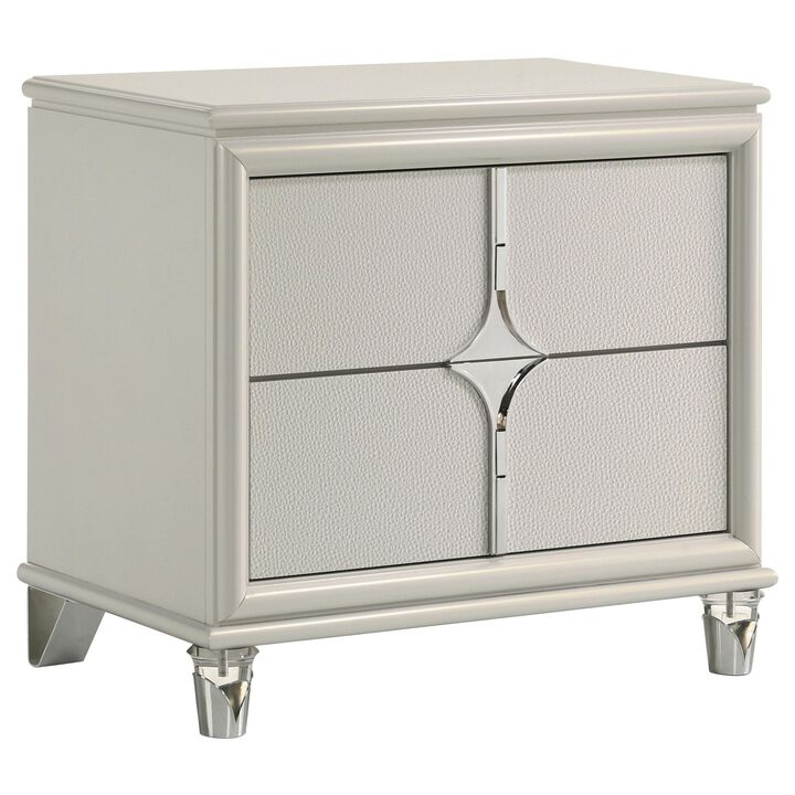 Ory Nightstand w 2 Drawers, Chrome Star Handle, Pearl Ivory Wood - Benzara