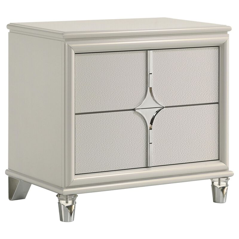 Ory Nightstand w 2 Drawers, Chrome Star Handle, Pearl Ivory Wood - Benzara