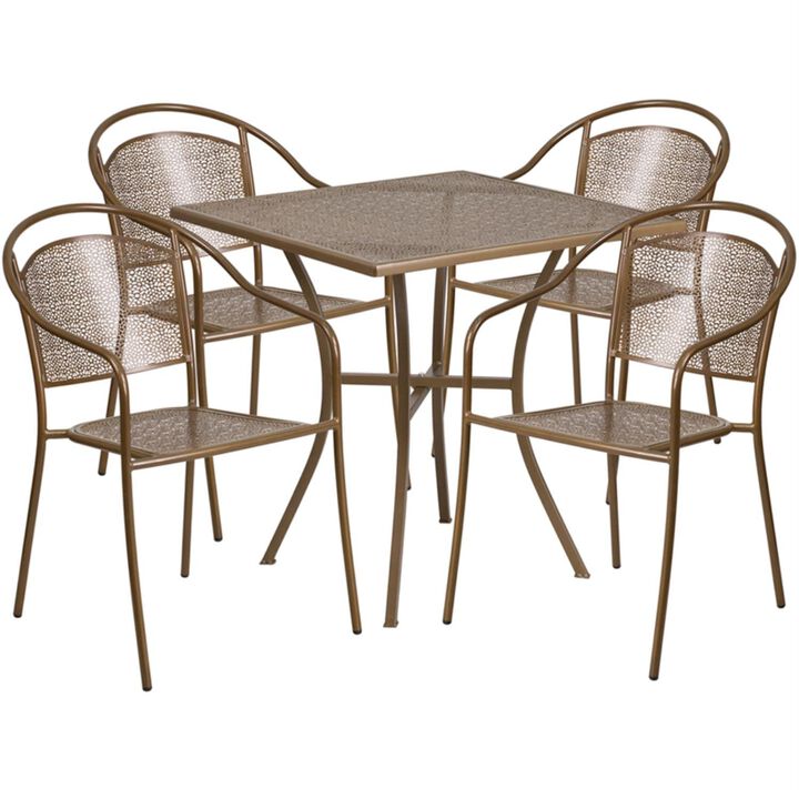 Flash Furniture Oia Commercial Grade 28" Square Gold Indoor-Outdoor Steel Patio Table Set with 4 Round Back Chairs