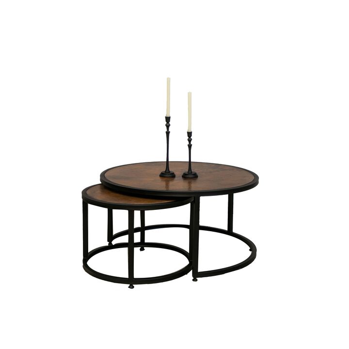 Benjara Brun Coffee Table Set of 2, Nesting, Top, Iron Curved Base, Black and Copper