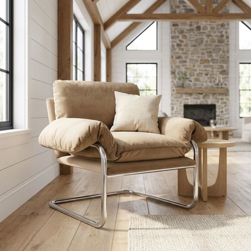 Performance Velvet Upholstered Accent Chair with Wide Arms, Taupe image number 3