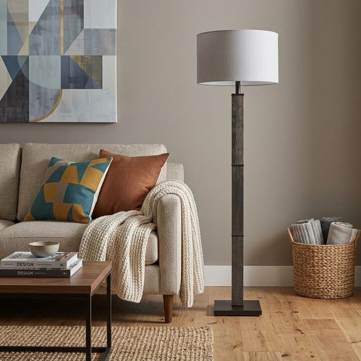 HomeRoots 62" Black Wood And Metal Floor Lamp With Light Gray Fabric Drum Shade