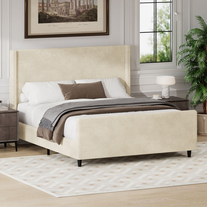 Merax Headboard Corduroy Upholstered Bed Frame with Vertical Stripe Wingback image number 2