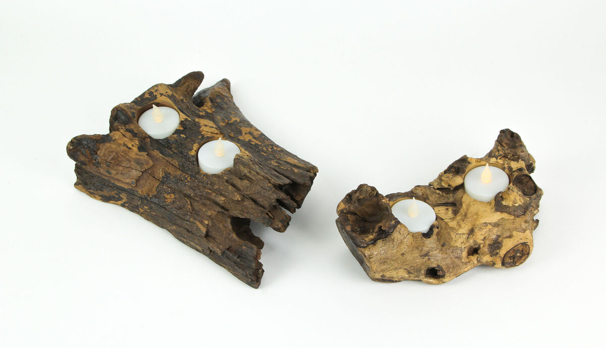Set of 2 Natural Gamal Root Wood Double Tealight Candle Holders - 8 Inch