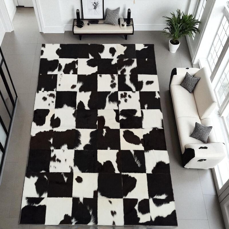 Black White Cowhide Patchwork Rug image number 3