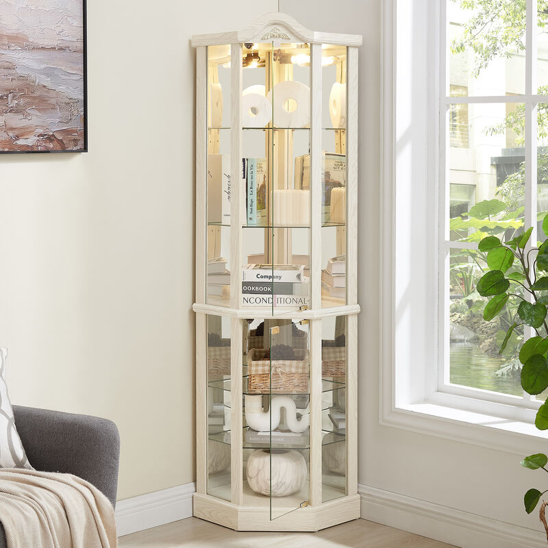 Corner Glass Curio Cabinet with Lighting and Adjustable Shelves image number 1
