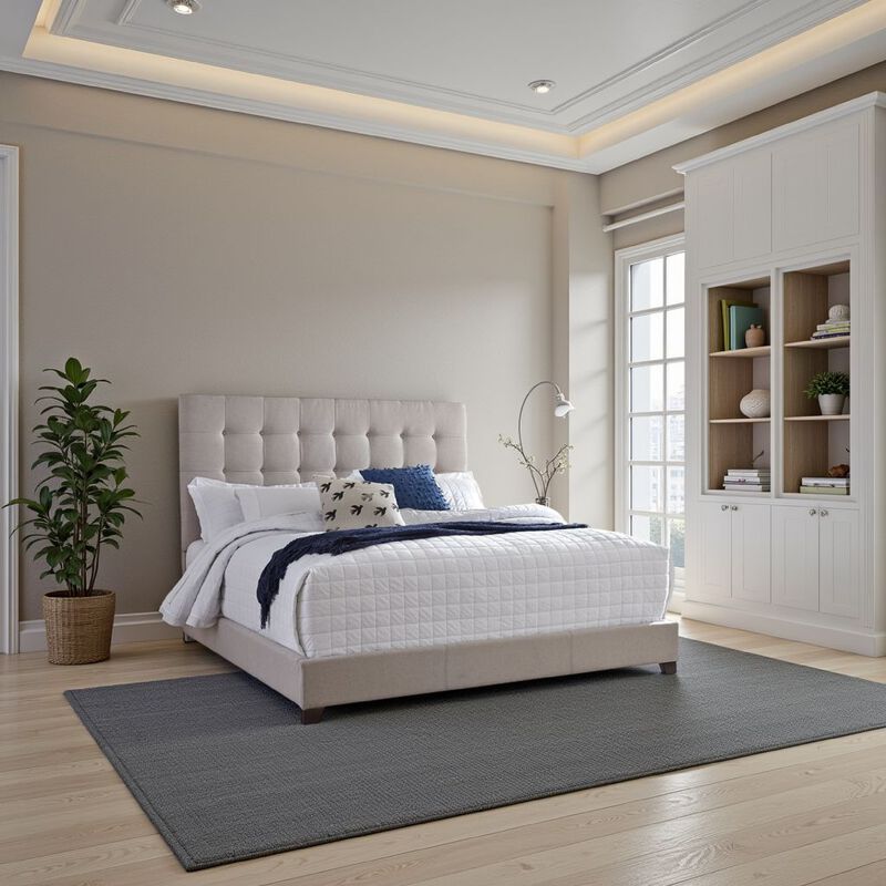 Fiji King Size Platform Bed | Deep Button Tufted Beige Upholstery | Low Profile - Benzara
