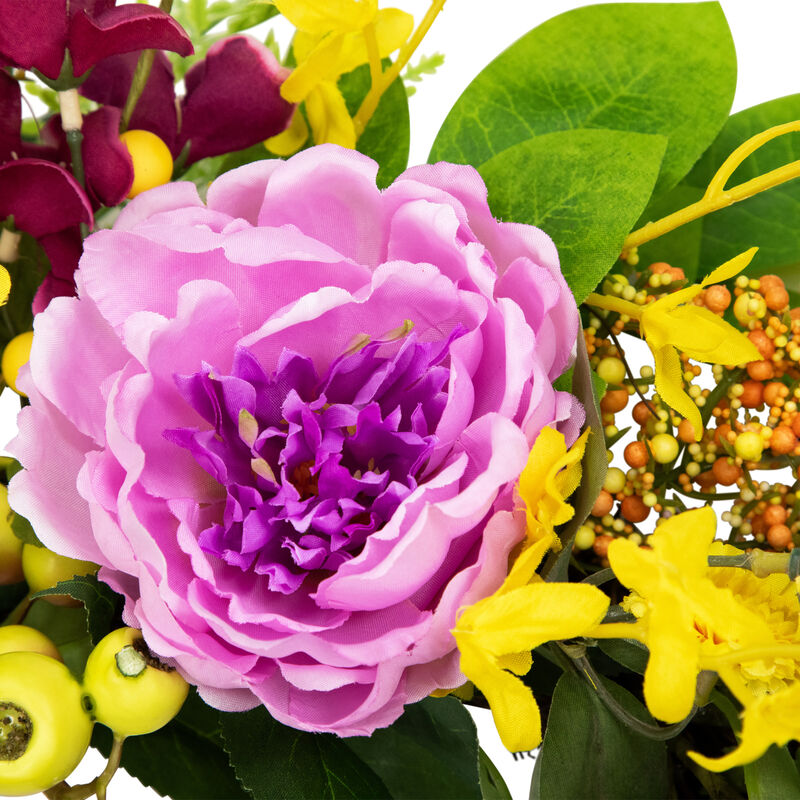 Peonies and Forsythia Spring Wreath - 24" - Yellow and Purple image number 3