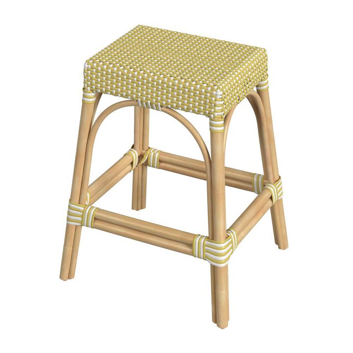 Butler Specialty Robias Rectangular Rattan 24.5 Counter Stool, Yellow and White Dot