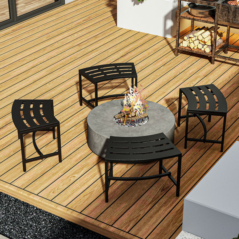 FUFU&GAGA Set of 4 Outdoor Fire Pit Benches, Black Iron Frame Stationary Patio Chairs with Slatted Seats, Weather-Resistant, (15.7 in. H x 23.9 in. W x 13.5 in. D), Black