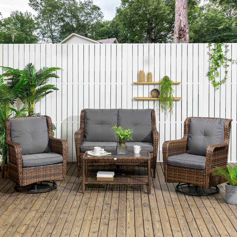 Outsunny 4 Piece PE Rattan Outdoor Patio Furniture Set, Wicker Conversation Set with 2 Swivel Rocking Chairs, 2-Tier Glass Table and Loveseat for Garden, Patio, Poolside, Gray