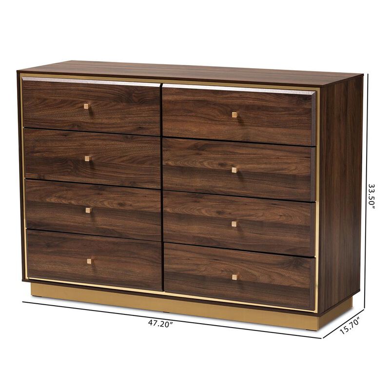 Baxton Studio Walnut Brown Finished Wood and Gold Metal 8-Drawer Dresser
