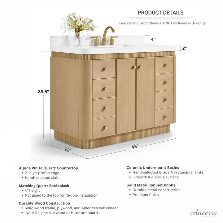 Aston 48 inch Bath Vanity Set in American Oak Finish with Alpine White Quartz Top