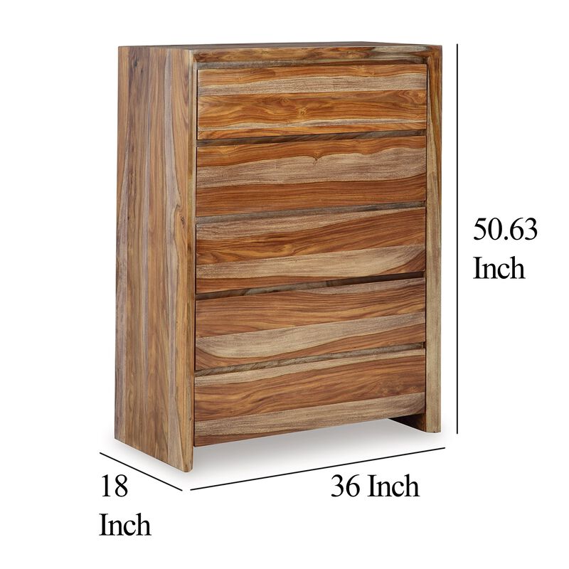 Donni Tall Dresser Chest, 5 Drawer, Brown Sheesham Wood, 51 Inch - Benzara
