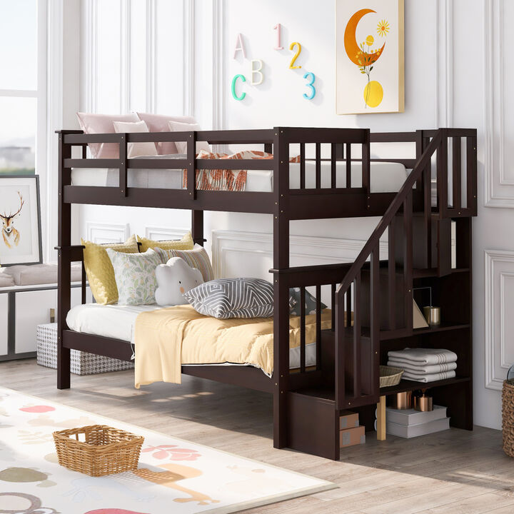 Stairway Twin-Over-Twin Bunk Bed with Storage and Guard Rail for Bedroom, Dorm, Espresso color