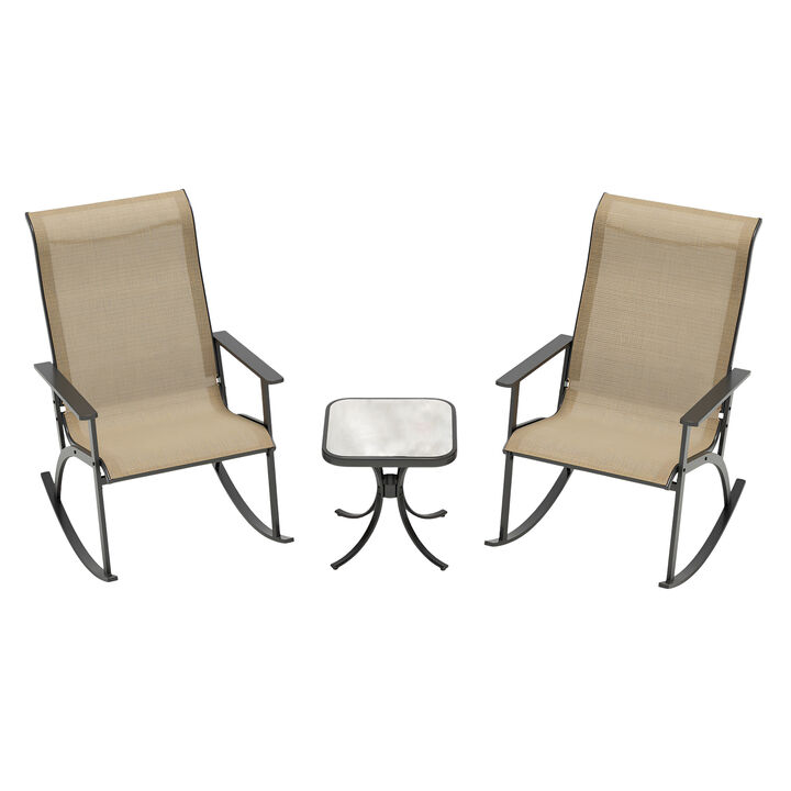 Brown Patio Rocking Bistro Set with Wood-Plastic Tabletop and High Back