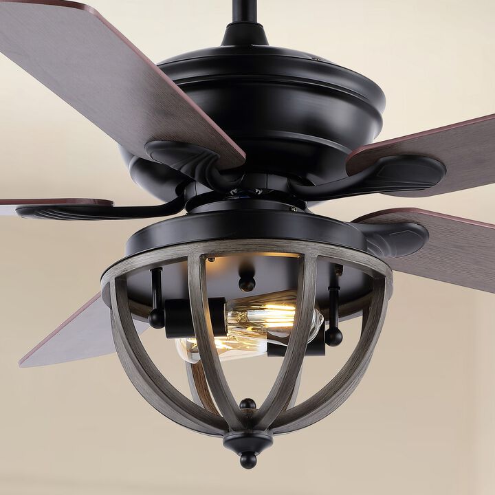 Jasper 52" 2-Light Farmhouse Industrial Iron Dome Shade LED Ceiling Fan With Remote, Black